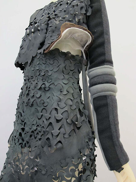 Ensemble, Helmut Lang (Austrian, born 1956), (a, b) leather, silk, synthetic; (c) wool, synthetic; (d, e) suede, Austrian