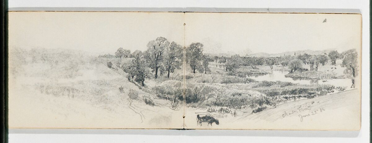 Panorama of the Charles River June 22 '86 (from Sketchbook VII), William Trost Richards (American, Philadelphia, Pennsylvania 1833–1905 Newport, Rhode Island), Graphite on off-white wove paper on off-white wove paper, American 