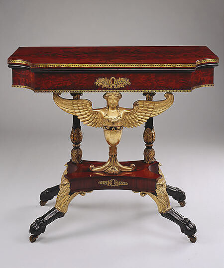 Card table, Charles-Honoré Lannuier (France 1779–1819 New York), Mahogany veneer, white pine, yellow poplar, gilded gesso, vert antique, and gilded brass, American