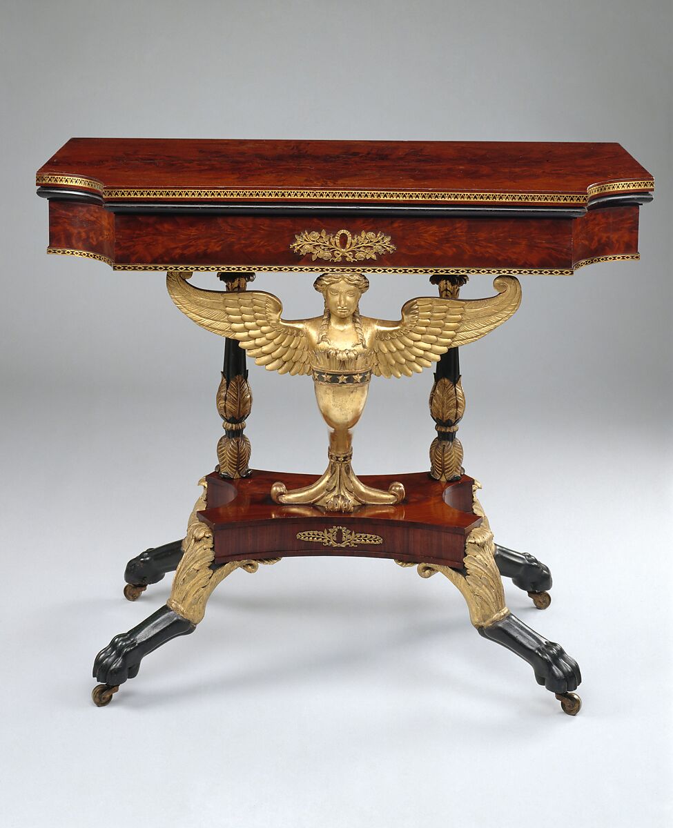 Card table, Charles-Honoré Lannuier (France 1779–1819 New York), Mahogany veneer, white pine, yellow poplar, gilded gesso, vert antique, and gilded brass, American
