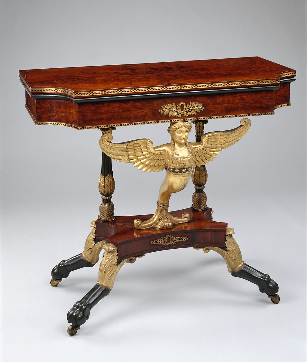 Card table, Charles-Honoré Lannuier (France 1779–1819 New York), Mahogany veneer, white pine, yellow poplar, gilded gesso, vert antique, and gilded brass, American 