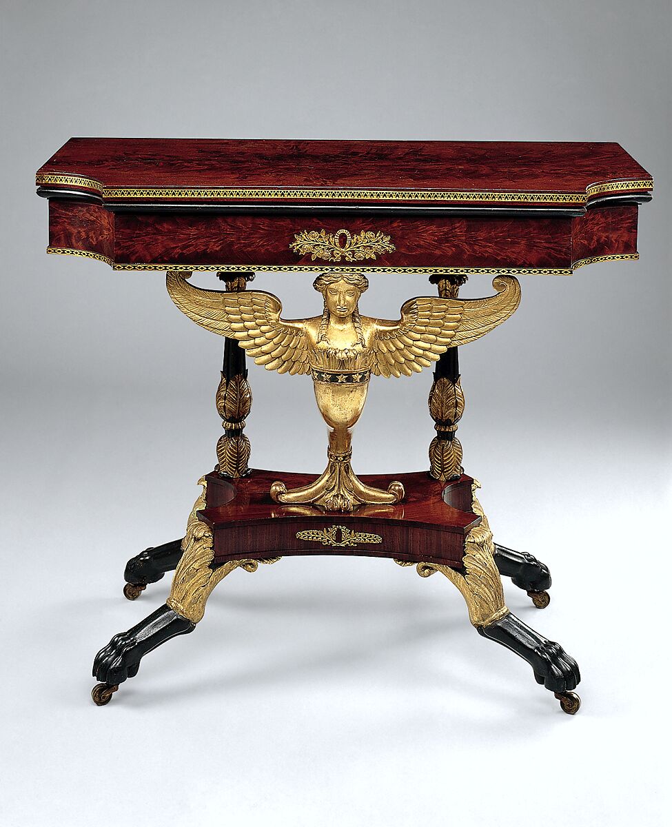 Card table, Charles-Honoré Lannuier (France 1779–1819 New York), Mahogany veneer, white pine, yellow poplar, gilded gesso, vert antique, and gilded brass, American