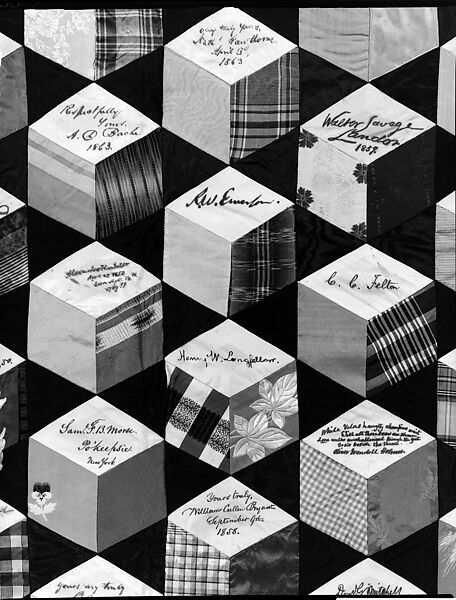 Quilt, Tumbling Blocks with Signatures pattern, Adeline Harris Sears (1839–1931), Silk, American