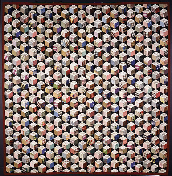 Quilt, Tumbling Blocks with Signatures pattern, Adeline Harris Sears (1839–1931), Silk, American