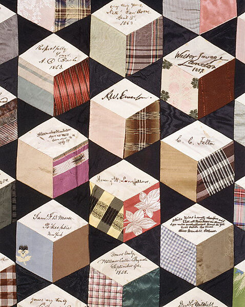 Quilt, Tumbling Blocks with Signatures pattern, Adeline Harris Sears (1839–1931), Silk, American
