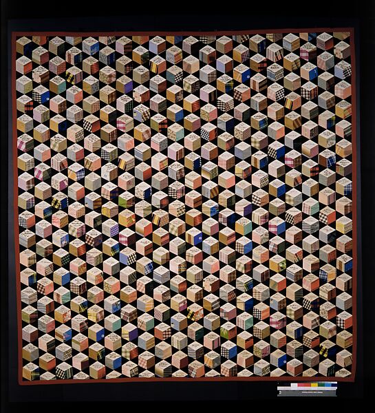 Quilt, Tumbling Blocks with Signatures pattern, Adeline Harris Sears (1839–1931), Silk, American