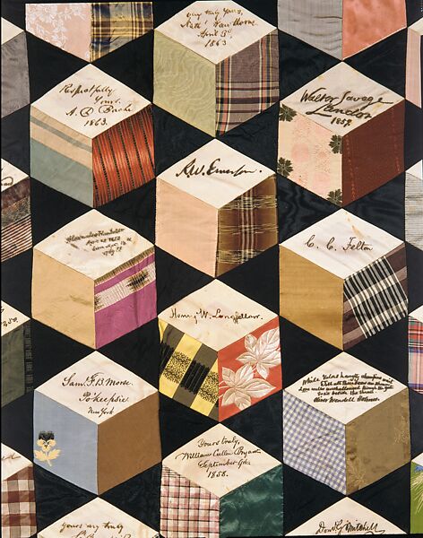 Quilt, Tumbling Blocks with Signatures pattern, Adeline Harris Sears (1839–1931), Silk, American