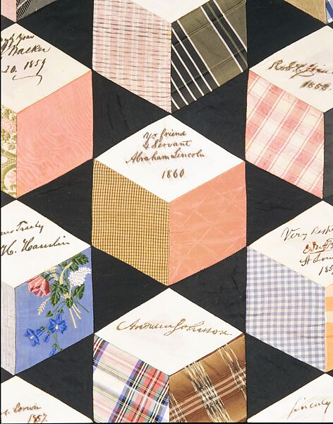 Quilt, Tumbling Blocks with Signatures pattern, Adeline Harris Sears (1839–1931), Silk, American
