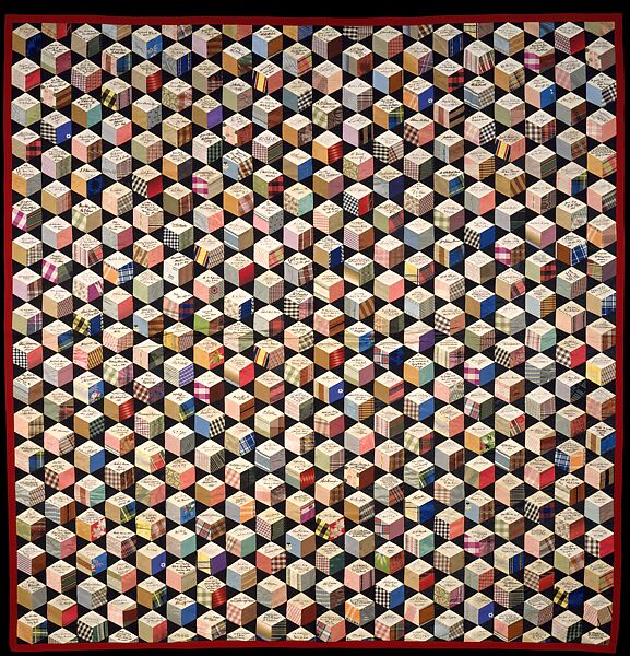 Quilt, Tumbling Blocks with Signatures pattern, Adeline Harris Sears (1839–1931), Silk, American 