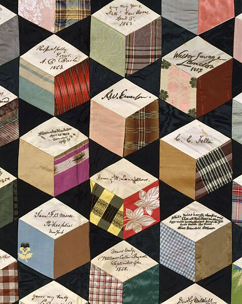 Quilt, Tumbling Blocks with Signatures pattern, Adeline Harris Sears (1839–1931), Silk, American
