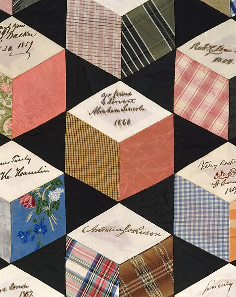 Quilt, Tumbling Blocks with Signatures pattern, Adeline Harris Sears (1839–1931), Silk, American