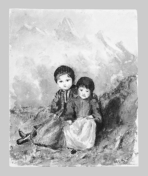 Two Children in Landscape, Mürren (from "Splendid Mountain Watercolours" Sketchbook), John Singer Sargent (American, Florence 1856–1925 London), Watercolor and graphite on off-white wove paper, American 