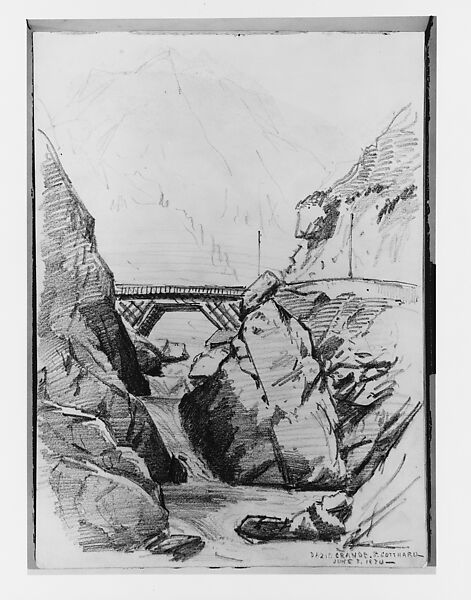 Railway Bridge at Dazio Grande, St. Gotthard (from Switzerland 1870 Sketchbook), John Singer Sargent (American, Florence 1856–1925 London), Wax crayon on off-white wove paper, American 