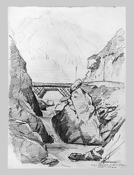 Railway Bridge at Dazio Grande, St. Gotthard (from Switzerland 1870 Sketchbook), John Singer Sargent (American, Florence 1856–1925 London), Wax crayon on off-white wove paper, American