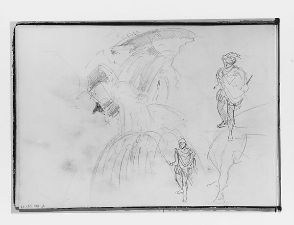 Waterfall, Figures (from Switzerland 1870 Sketchbook), John Singer Sargent (American, Florence 1856–1925 London), Graphite on off-white wove paper, American 