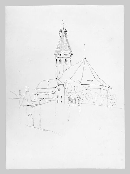 Rooftops and Spire (from Switzerland 1870 Sketchbook), John Singer Sargent (American, Florence 1856–1925 London), Graphite on off-white wove paper, American
