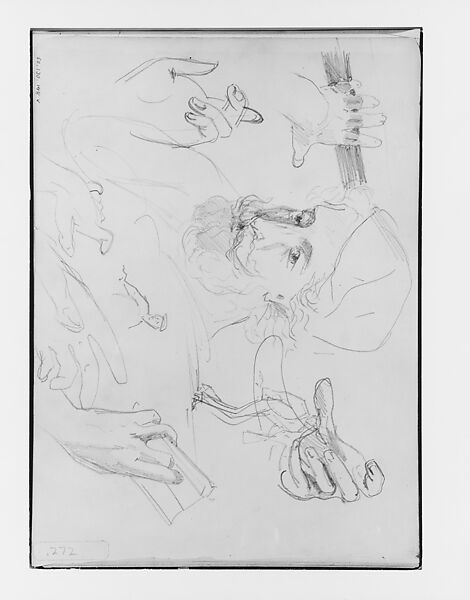 Head of a Man, Hands (from Switzerland 1870 Sketchbook), John Singer Sargent (American, Florence 1856–1925 London), Graphite on off-white wove paper, American 