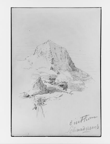 Breithorn and Schmadribach Falls (from Switzerland 1870 Sketchbook), John Singer Sargent (American, Florence 1856–1925 London), Graphite on off-white wove paper, American 