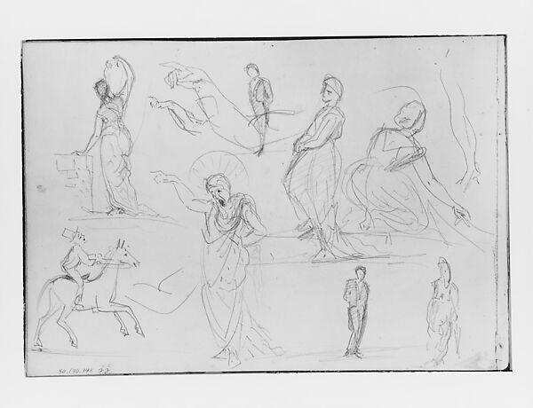 Man on Horseback, Woman Carrying a Jug, Figure with Halo, and other Figure Studies (from Switzerland 1870 Sketchbook), John Singer Sargent (American, Florence 1856–1925 London), Graphite on paper, American 