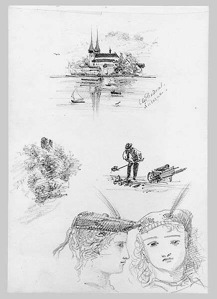 Man on Horseback, Woman Carrying a Jug, Figure with Halo, and other Figure Studies (from Switzerland 1870 Sketchbook), John Singer Sargent (American, Florence 1856–1925 London), Graphite on paper, American