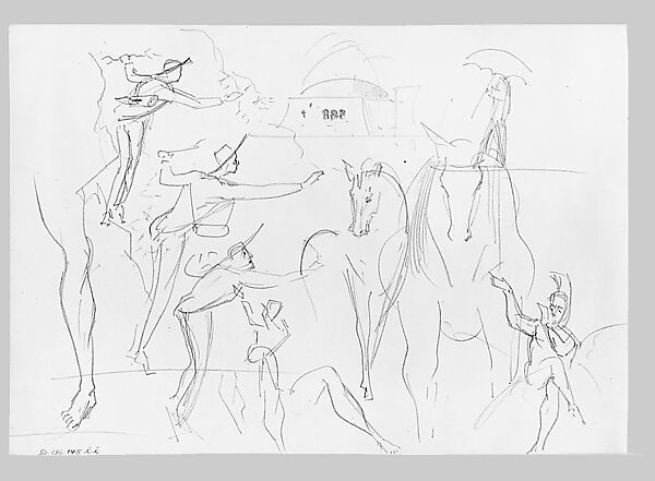 Man on Horseback, Woman Carrying a Jug, Figure with Halo, and other Figure Studies (from Switzerland 1870 Sketchbook), John Singer Sargent (American, Florence 1856–1925 London), Graphite on paper, American