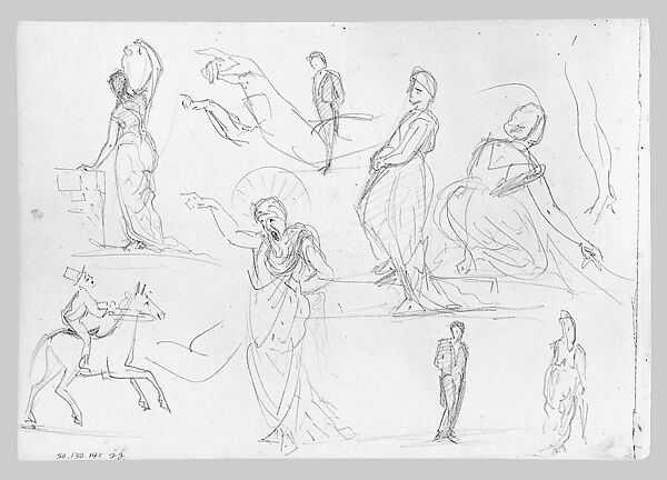 Man on Horseback, Woman Carrying a Jug, Figure with Halo, and other Figure Studies (from Switzerland 1870 Sketchbook), John Singer Sargent (American, Florence 1856–1925 London), Graphite on paper, American