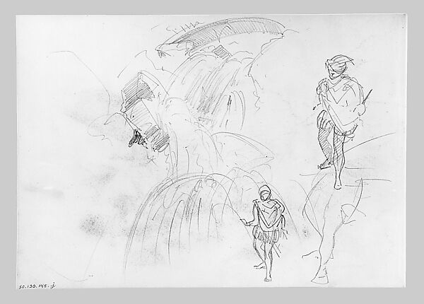 Man on Horseback, Woman Carrying a Jug, Figure with Halo, and other Figure Studies (from Switzerland 1870 Sketchbook), John Singer Sargent (American, Florence 1856–1925 London), Graphite on paper, American