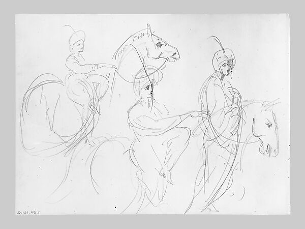 Man on Horseback, Woman Carrying a Jug, Figure with Halo, and other Figure Studies (from Switzerland 1870 Sketchbook), John Singer Sargent (American, Florence 1856–1925 London), Graphite on paper, American