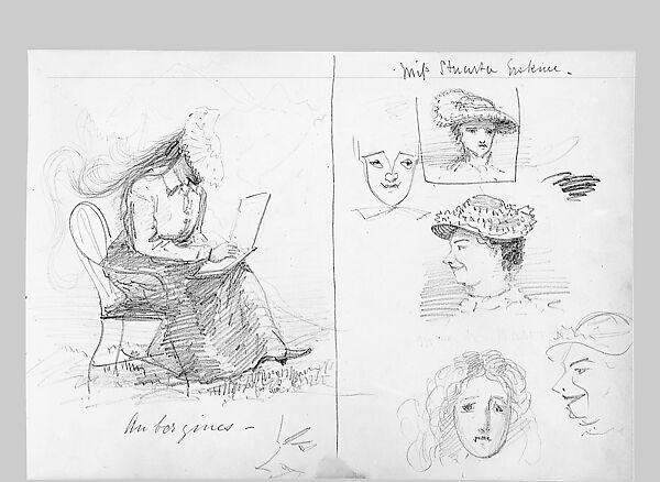 Man on Horseback, Woman Carrying a Jug, Figure with Halo, and other Figure Studies (from Switzerland 1870 Sketchbook), John Singer Sargent (American, Florence 1856–1925 London), Graphite on paper, American