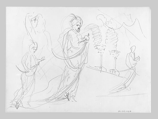 Man on Horseback, Woman Carrying a Jug, Figure with Halo, and other Figure Studies (from Switzerland 1870 Sketchbook), John Singer Sargent (American, Florence 1856–1925 London), Graphite on paper, American
