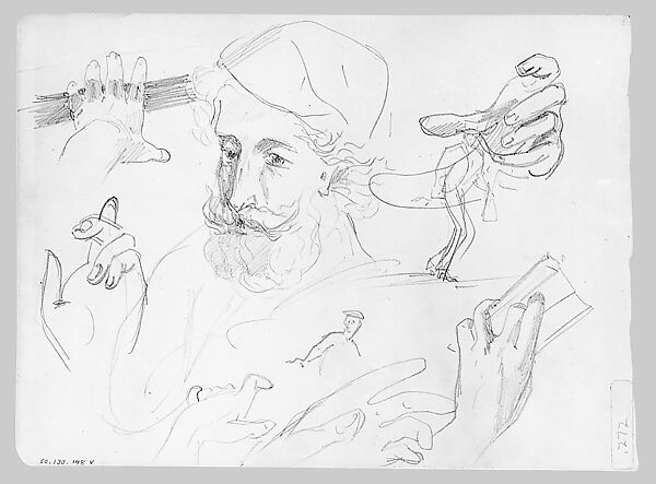 Man on Horseback, Woman Carrying a Jug, Figure with Halo, and other Figure Studies (from Switzerland 1870 Sketchbook), John Singer Sargent (American, Florence 1856–1925 London), Graphite on paper, American