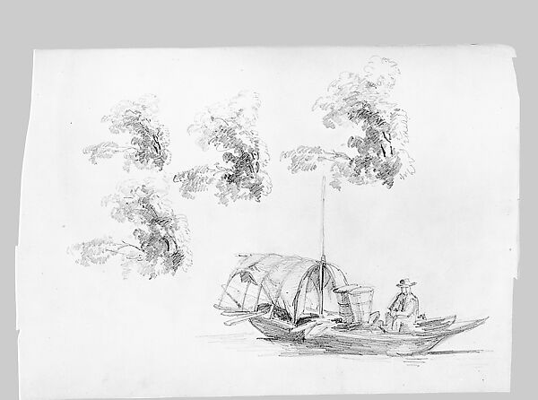 Man in a Boat, Foliage (from Switzerland 1870 Sketchbook), John Singer Sargent (American, Florence 1856–1925 London), Graphite on off-white wove paper, American