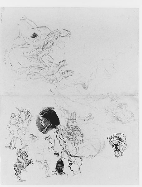 Heads, Entombment, Other Studies, John Singer Sargent (American, Florence 1856–1925 London), Graphite, pen, and ink on blue wove paper, American
