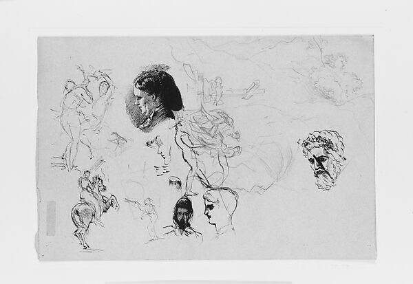 Heads, Entombment, Other Studies, John Singer Sargent (American, Florence 1856–1925 London), Graphite, pen, and ink on blue wove paper, American