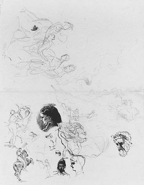 Heads, Entombment, Other Studies, John Singer Sargent (American, Florence 1856–1925 London), Graphite, pen, and ink on blue wove paper, American 