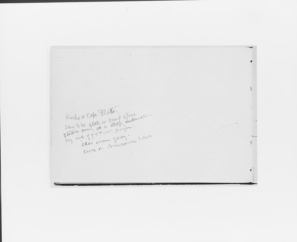 Inscription with description of rocks at Cape Flattery (from Sketchbook X), William Trost Richards (American, Philadelphia, Pennsylvania 1833–1905 Newport, Rhode Island), Graphite on off-white wove paper, American 