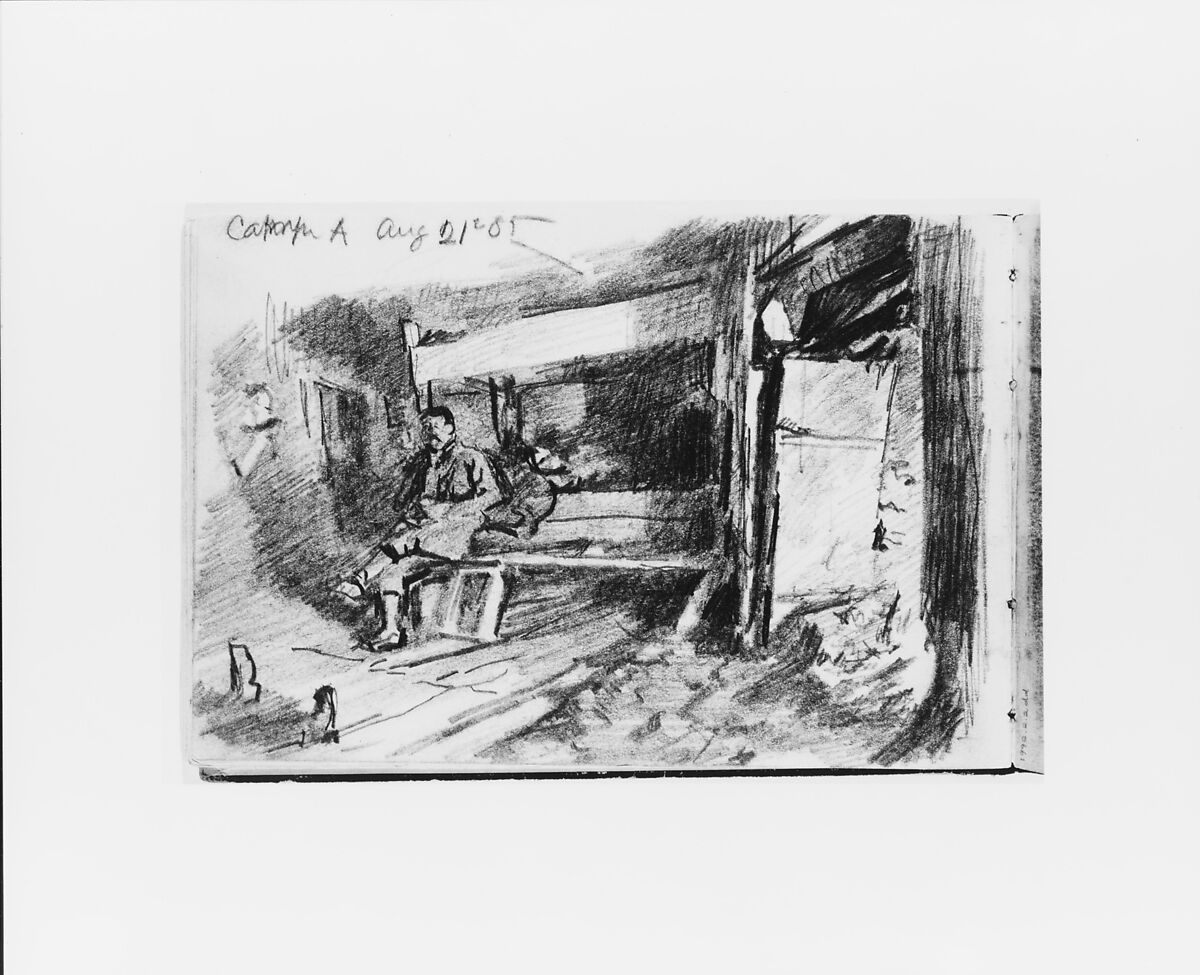 Camp A Aug 21 1885: Onterior with Seated Figure (from Sketchbook X), William Trost Richards (American, Philadelphia, Pennsylvania 1833–1905 Newport, Rhode Island), Graphite drawings on off-white wove paper, American 