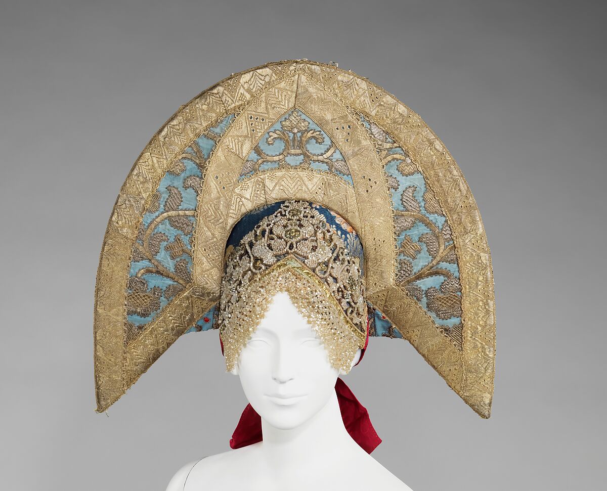 Headdress, silk, glass, semi-precious stones, metal, cotton, mother-of-pearl, Russian 