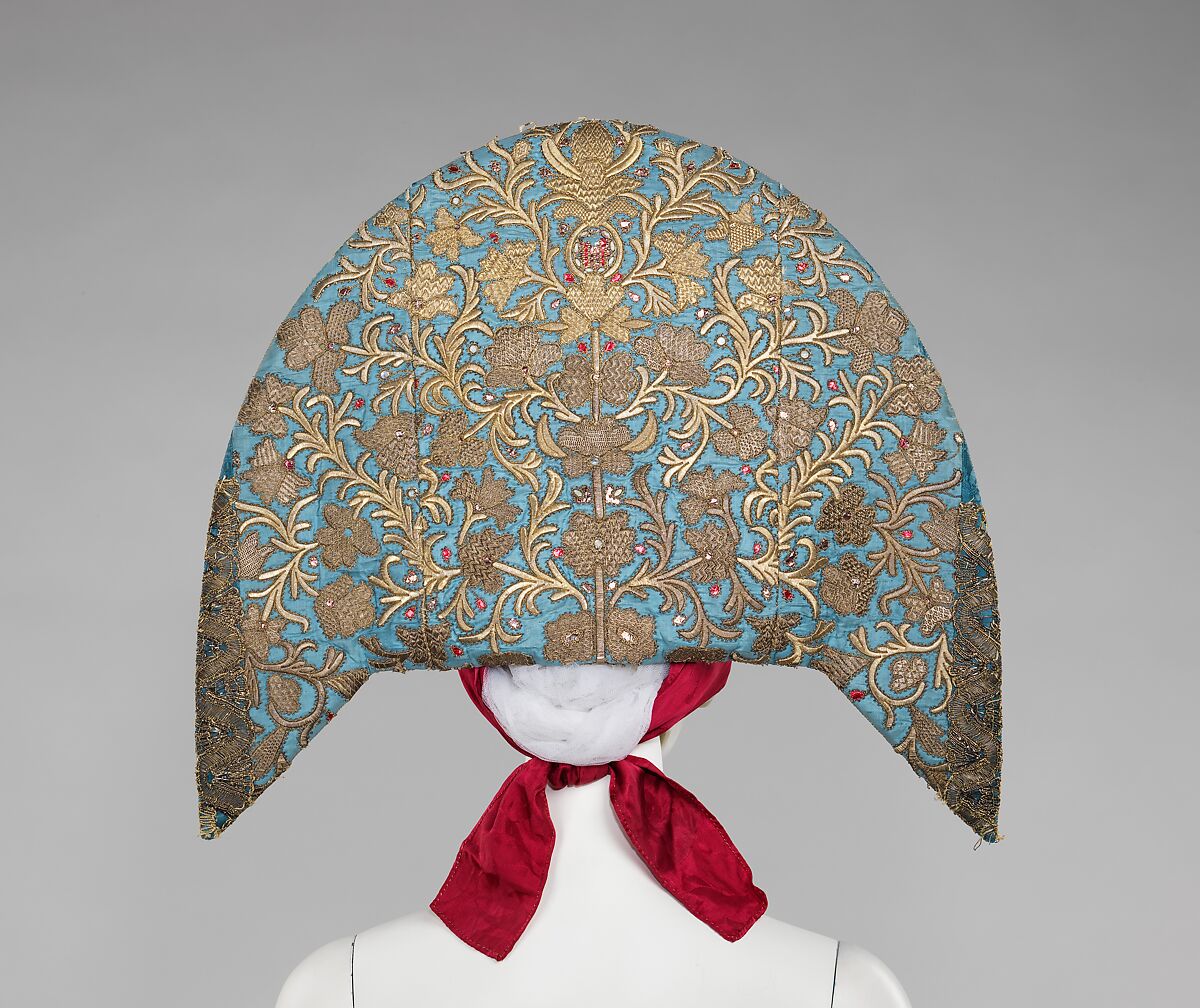 Headdress, silk, metal, cotton, paper, Russian