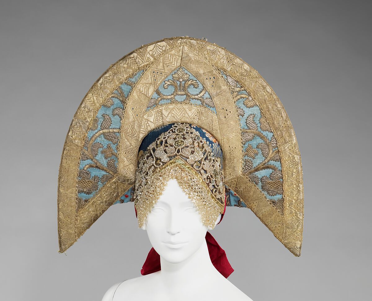 Headdress, silk, metal, cotton, paper, Russian 