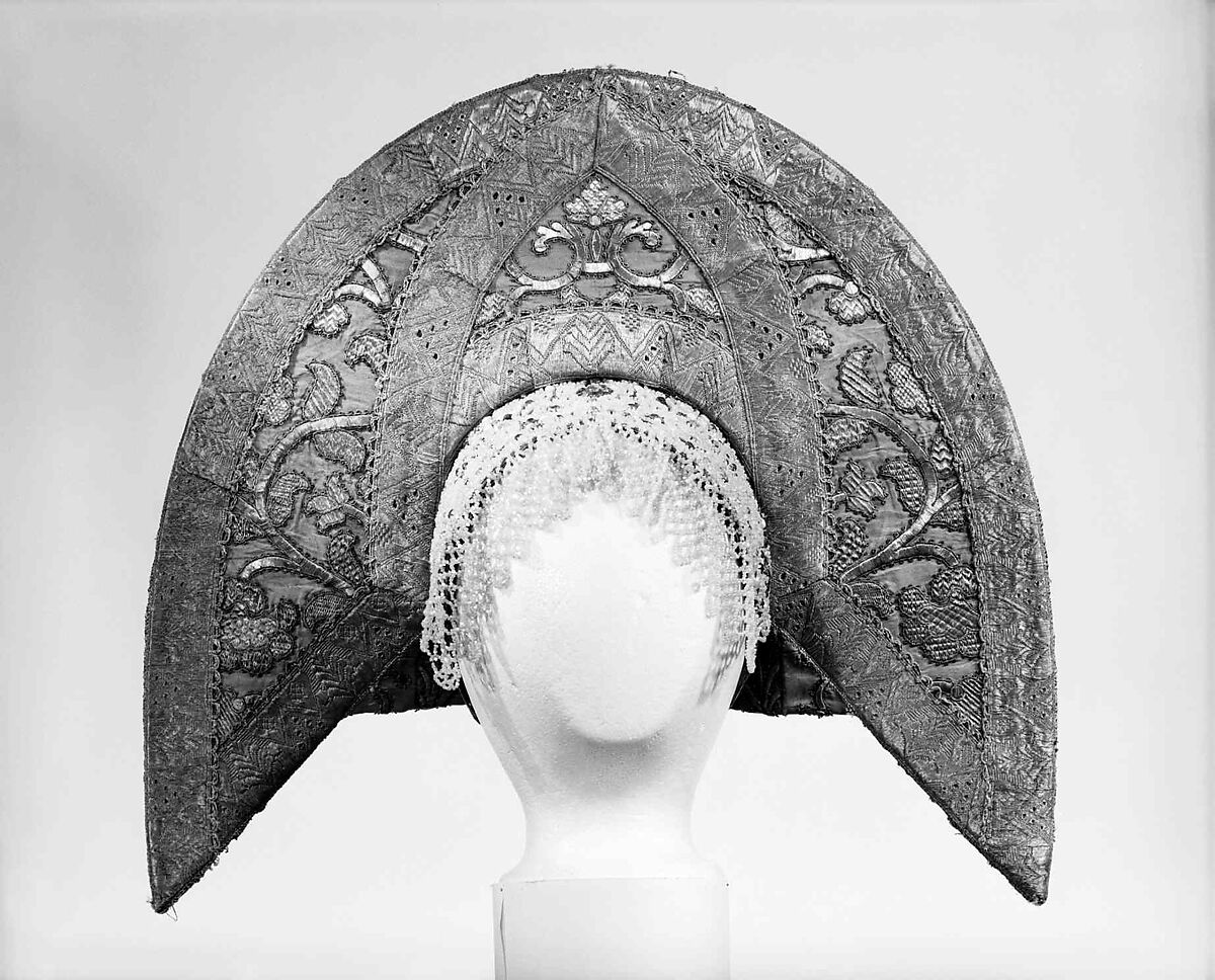Headdress, silk, metal, cotton, paper, Russian