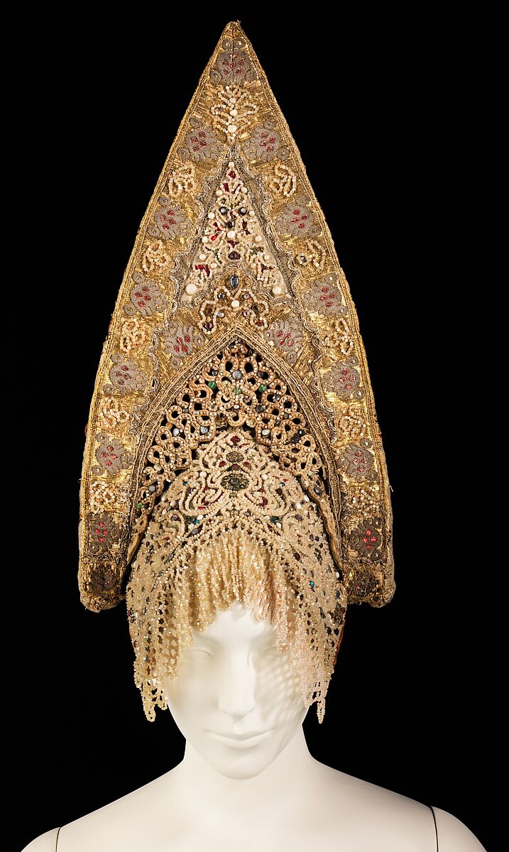 Headdress, silk, mother-of-pearl, metal, glass, cotton, paper, Russian 