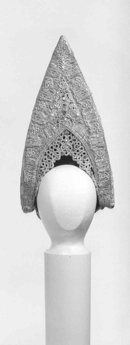 Headdress, silk, mother-of-pearl, metal, glass, cotton, paper, Russian