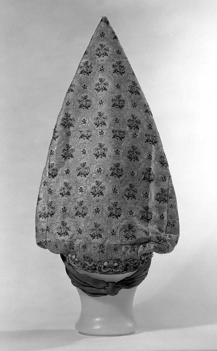 Headdress, silk, mother-of-pearl, metal, glass, cotton, paper, Russian