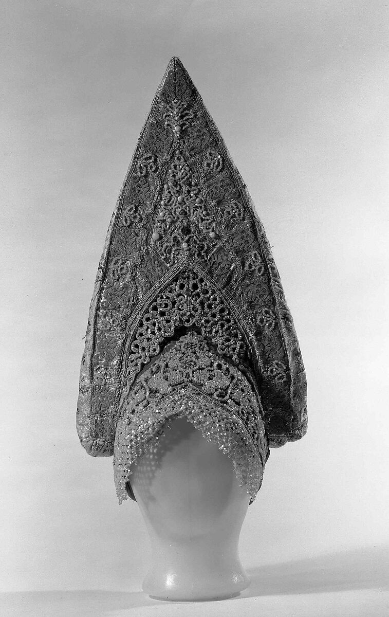 Headdress, silk, mother-of-pearl, metal, glass, cotton, paper, Russian