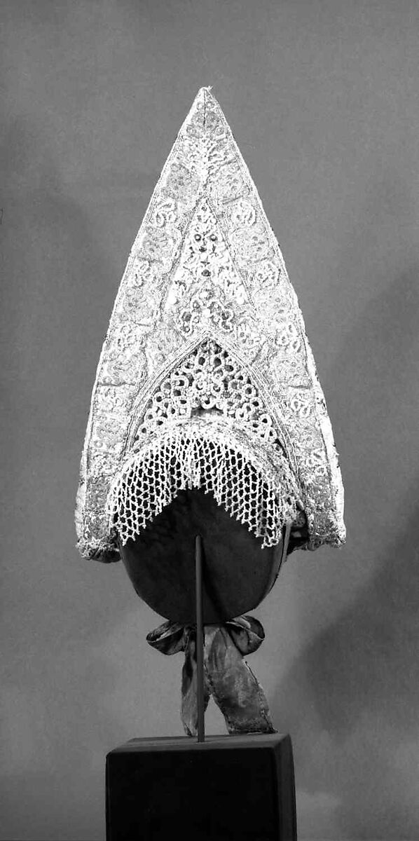 Headdress, silk, mother-of-pearl, metal, glass, cotton, paper, Russian