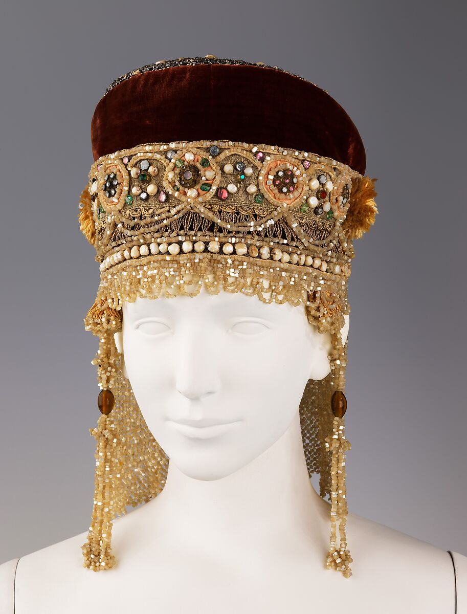 Headdress, silk, metal, mother-of-pearl, pearl, Russian 