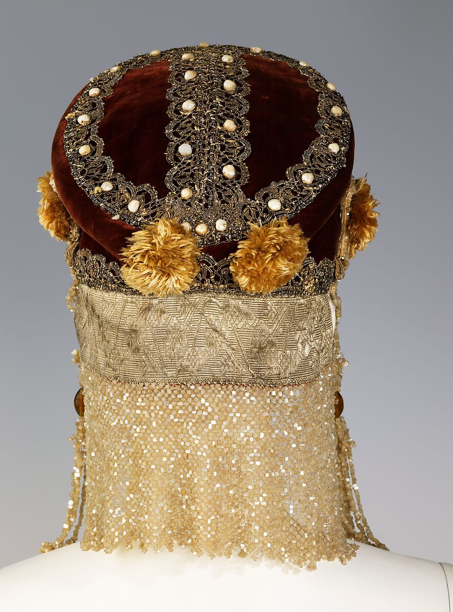 Headdress, silk, metal, mother-of-pearl, pearl, Russian
