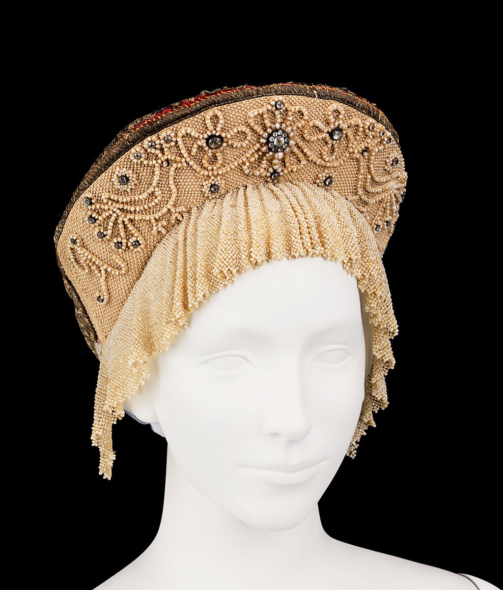 Headdress, silk, glass, cotton, metal, pearls, Russian 