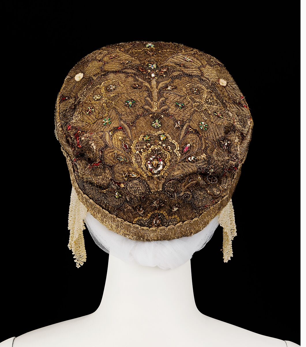 Headdress, silk, glass, cotton, metal, pearls, Russian